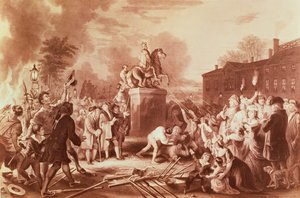 Démolition de la statue de George III au Bowling Green en 1776, gravé par John C. McRae